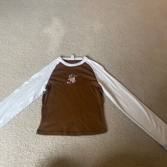 brown and white longer SLIGHTLY cropped longsleve cowboy shirt. size L - Picture 1 of 3